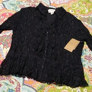 Coldwater Creek Crinkle Black Lace Peplum Shirt PS
